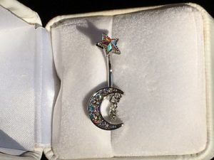 crescent moon and stars belly bar, Belly Bars, Body Jewelry, Belly Rings, Reverse Belly Rings, Dangling Belly Rings, Unique belly button jewelry, Evil eye, unique jewelry for sale, unique belly button bling, good luck charm, bling belly ring, jewelry online, jewelry for sale
